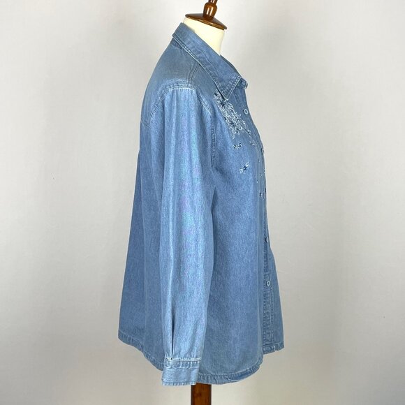 Vtg Passion-I Denim Top Sz L Floral Embroidery Cottagecore Country Western - Picture 3 of 6